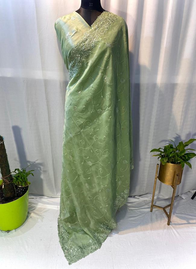 Soft Organza Green Party Wear Embroidery Work Saree